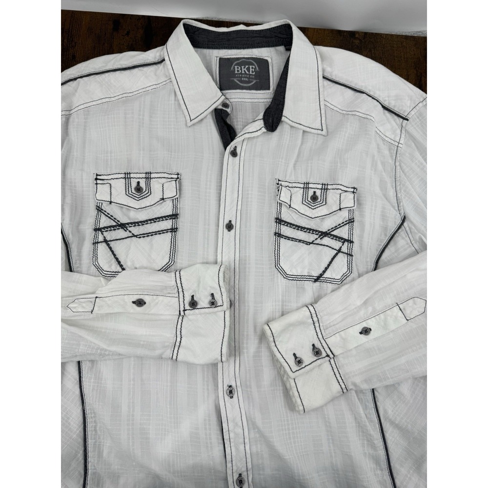 BKE Shirt Mens XXXL 3X White Western Button Front Contrast Thick Stitch Long Slv